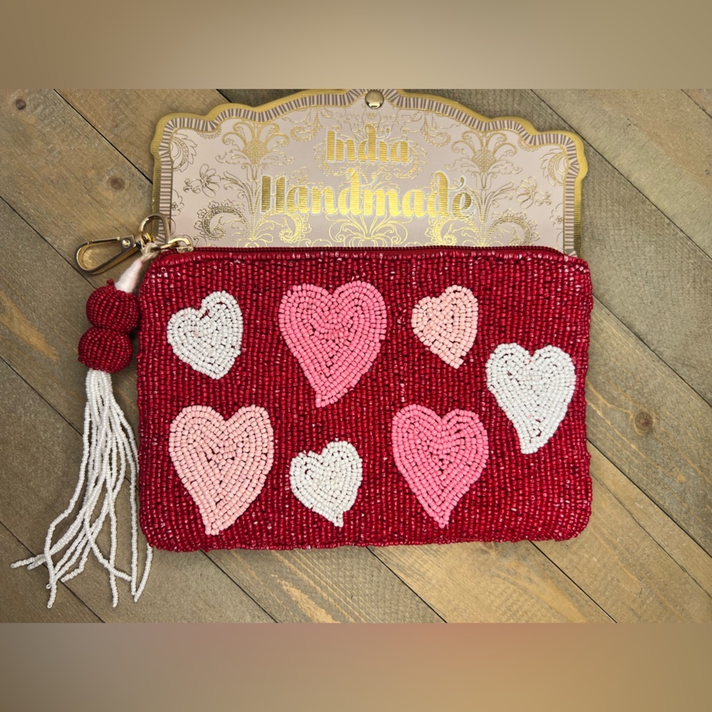 Handmade Red and Pink Beaded Heart Clutch